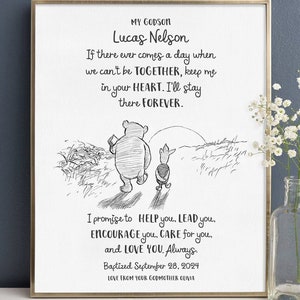 Regalo de bautizo personalizado, regalo para ahijado, regalo de madrina, regalo de bautizo de bebé, arte de pared de Winnie The Pooh, regalo imprimible de dedicatoria