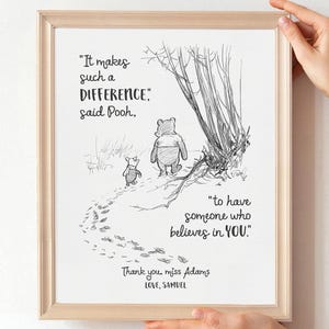 Waardering leraar, vintage stijl Winnie de Poeh, bedankje, het maakt zo'n verschil, gepersonaliseerd cadeau leraar, afdrukbaar cadeau