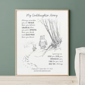 Cadeau de baptême personnalisé pour filleule, cadeau de style vintage de la marraine, baptême à imprimer, baptême de bébé, art mural Winnie l'ourson