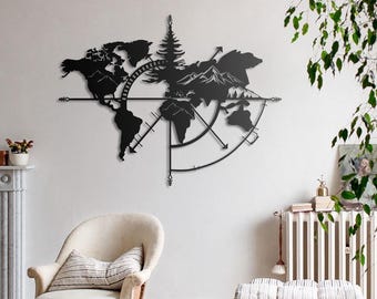 Metal World Map Wall Art: Mountain Compass Design, Traveler Decor