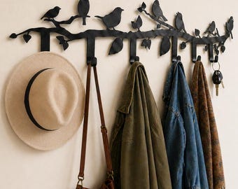 Metal Bird Branch Wall Hook Rack, Entryway Organizer, Key Holder, Nature Decor