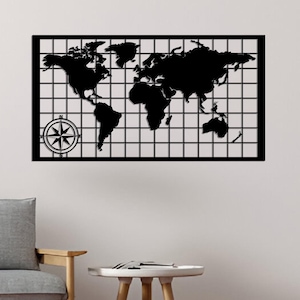 Weltkarte Metall Wandkunst, Weltkarte Kompass, Metall Wanddekoration, Wohndeko fürs Wohnzimmer, Metall Wandschild, Metall Weltkarte Kunst