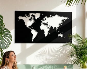 Metal World Map Wall Art: Modern Home Office Decor