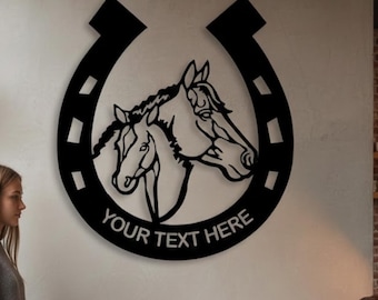 Väggdekoration i metall med häst och hästsko och anpassad text, väggkonst i västerländsk bondgård, rustik väggdekoration i stål med häst