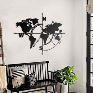 Weltkarte Wandkunst, Metall Weltkarte Kompass Kontinent, Metall Wanddekoration, Home Office Wohnzimmer Dekoration, Wandbehang