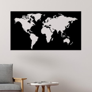 Arte de pared con mapa del mundo de metal, continentes del mapa del mundo negro, decoración de pared de metal, decoración de sala de estar de oficina en casa, letrero de pared de metal