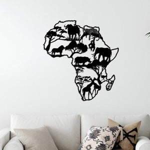 Carte de l'Afrique, carte des animaux sauvages de l'Afrique, décoration murale en métal, art mural pour la maison, décoration de salon