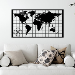 Carte du monde en métal, carte du monde, boussole, continent, décoration murale en métal, décoration de salon, bureau à domicile,