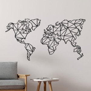 Arte mural con mapa del mundo, mapa del mundo geométrico de metal, decoración para el hogar, la oficina y la sala de estar, arte mural de metal, idea de regalo, arte mural de metal, letrero de pared