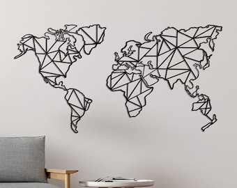 Geometric Metal World Map Wall Art: Modern Home Office Decor for Living Room Interior
