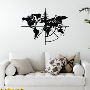 Wereldkaart muurkunst, bergwereldkaart kompas continent, metalen wanddecoratie, thuiskantoor woonkamer interieurdecoratie, aangepast formaat