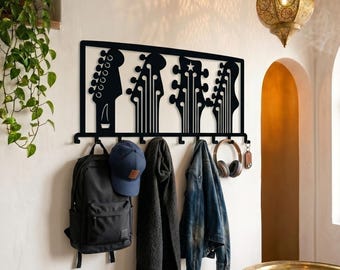 Metal Guitar Wall Hook Rack, Music Lover Entryway Organizer, Coat Hanger Home Decor