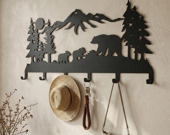 Metal Bear Mountain Wall Hook Rack, Rustic Entryway Organizer, Forest Cabin Decor