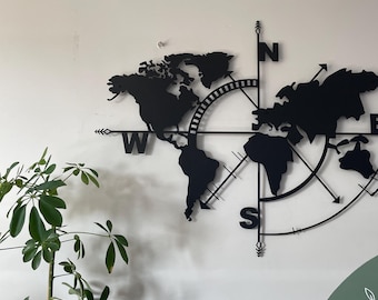 Metal World Map Wall Art: Compass Rose, Home Decor