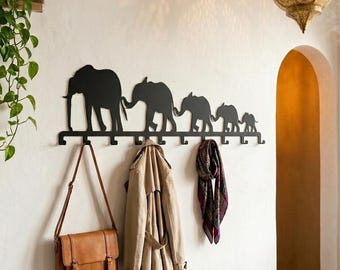 Elephant Family Metal Wall Hook Rack, Safari Animal Entryway Organizer