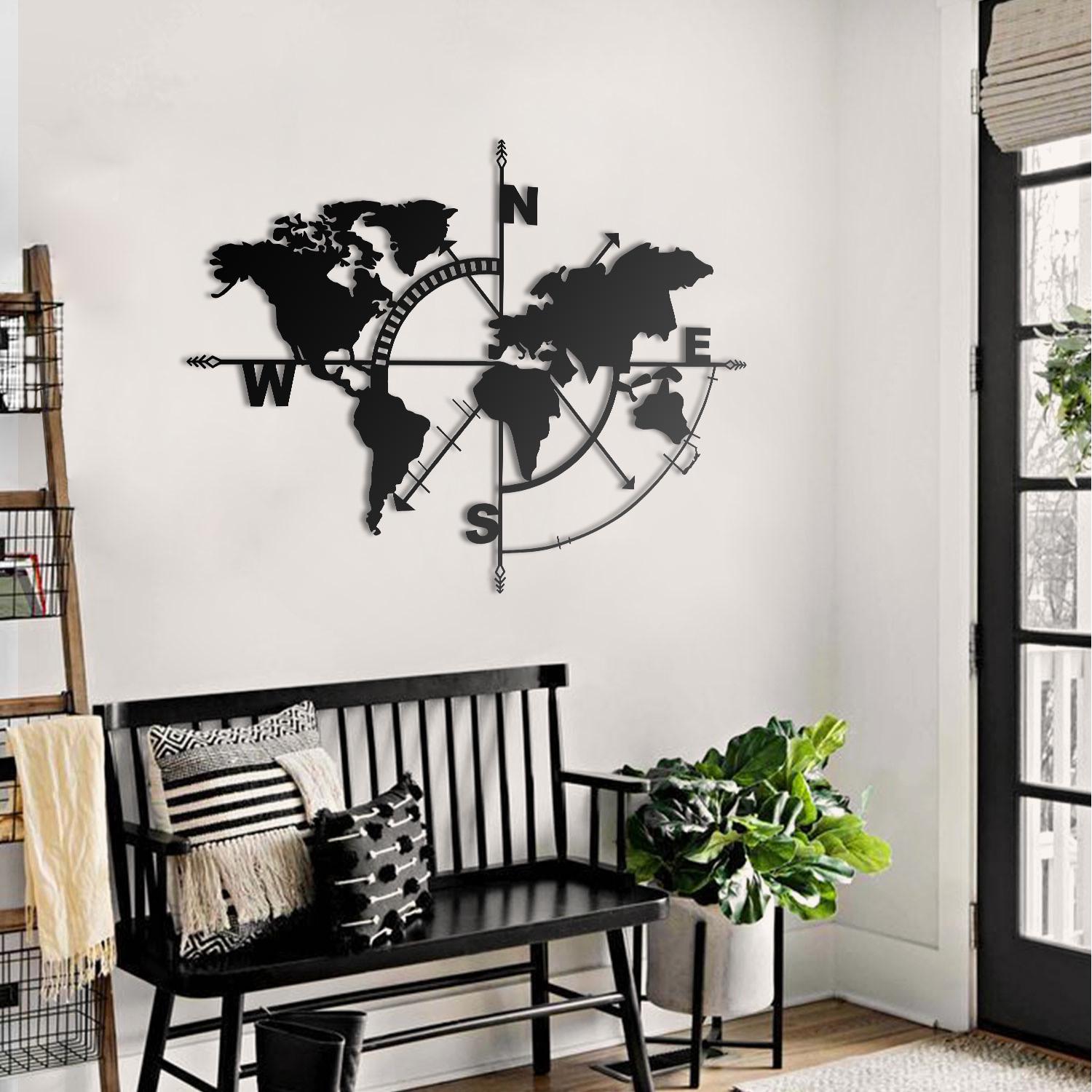 Metal World Map Wall Art: Compass Rose, Home Office Decor - Etsy