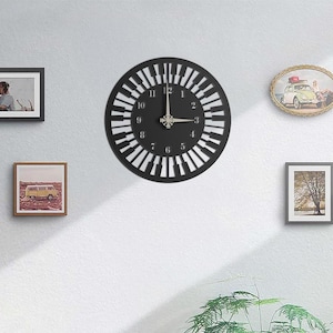Music Metal Wall Clock – Piano Key Pattern – Musical Note Wall Decor – Modern Music Room Clock – Living Room Office Studio Gift