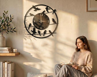 Nature-Inspired Metal Wall Clock: Modern Bird Branch Decor for Home & Office