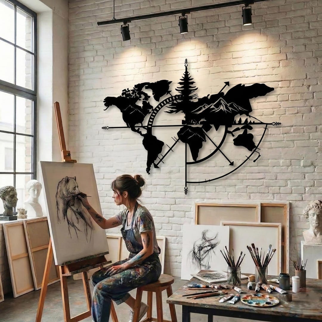 Metal World Map Wall Art: Mountain Compass Design, Traveler Decor - Etsy