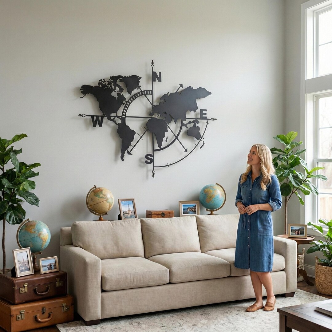 Metal World Map Wall Art: Compass Rose, Home Office Decor - Etsy
