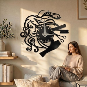 Metall Wanduhr Friseur – Moderne Salon Wanddeko – Geschenk für Stylisten – Barber Shop Uhr – Büro Wohnzimmer Eingangsbereich