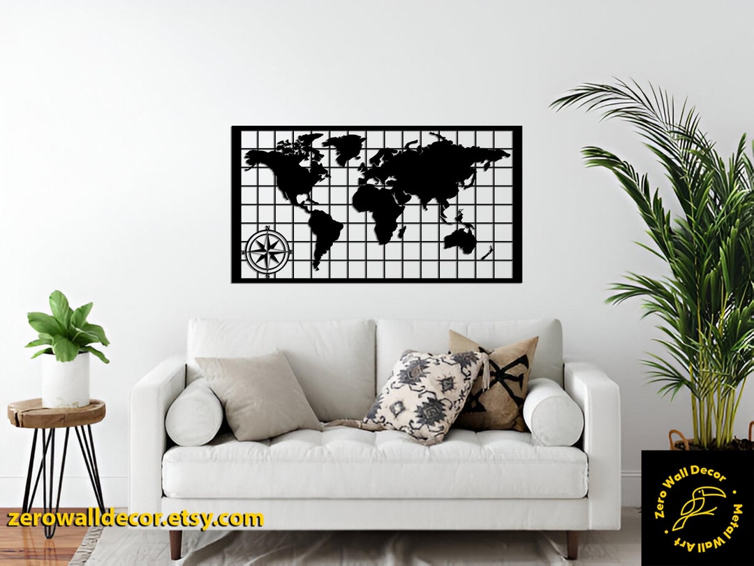 World Map Metal Wall Art, World Map Compass Continent, Metal Wall Decor ...