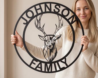 Personalized Deer Metal Wall Art, Custom Family Name Sign, Oversized Hunting Cabin Decor