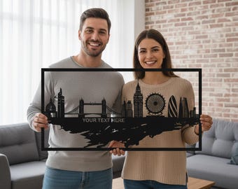 London Metall Wanddeko mit Wunschtext, Skyline Wandkunst der Stadt, Moderne Urbane Metall Wanddekoration