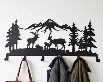 Metal Coat Rack, Mountain Deer Wall Decor, Rustic Entryway Organizer, Cabin Art Hooks