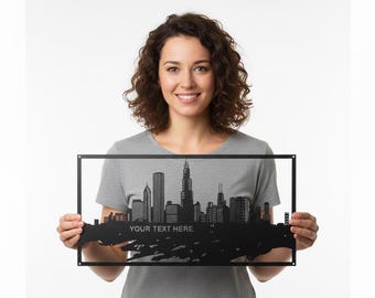 Décoration Murale Chicago en Métal avec Texte Personnalisé, Art Mural Skyline Urbaine, Décor Moderne en Acier