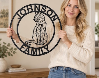 Personalized Geometric Cat Metal Wall Art, Custom Family Name Sign, Oversized Cat Decor