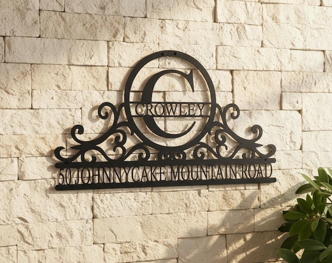 Custom Metal Address Sign: Swirly Monogram House Number Plaque