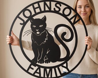 Personalized Cat Metal Wall Art, Custom Family Name Sign, Oversized Cat Lover Decor
