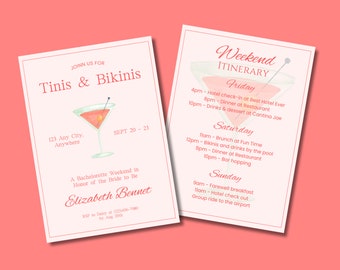 Tinis and Bikinis Pink Bachelorette Party Invite Template, Bach Weekend Itinerary, Customizable Canva Template