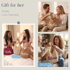 Peut inclure: L'image pr&eacute;sente des sacs fourre-tout personnalis&eacute;s, parfaits comme cadeaux. Les sacs sont beiges, avec des noms brod&eacute;s en diff&eacute;rentes couleurs. Le texte "Gift for her" et "Trendy Color Matching" est &eacute;galement visible.