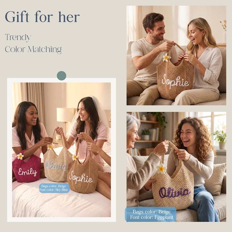 Peut inclure: L'image pr&eacute;sente des sacs fourre-tout personnalis&eacute;s, parfaits comme cadeaux. Les sacs sont beiges, avec des noms brod&eacute;s en diff&eacute;rentes couleurs. Le texte "Gift for her" et "Trendy Color Matching" est &eacute;galement visible.