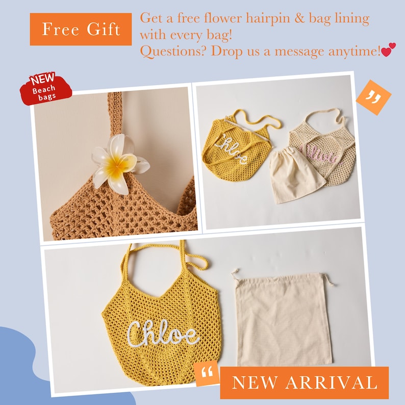 Peut inclure: Plusieurs sacs de plage en crochet, de couleur moutarde et beige. Les sacs affichent le nom "Chloe" en &eacute;criture blanche. Une barrette fleur blanche est incluse. Le texte "NEW ARRIVAL" est &eacute;galement visible.