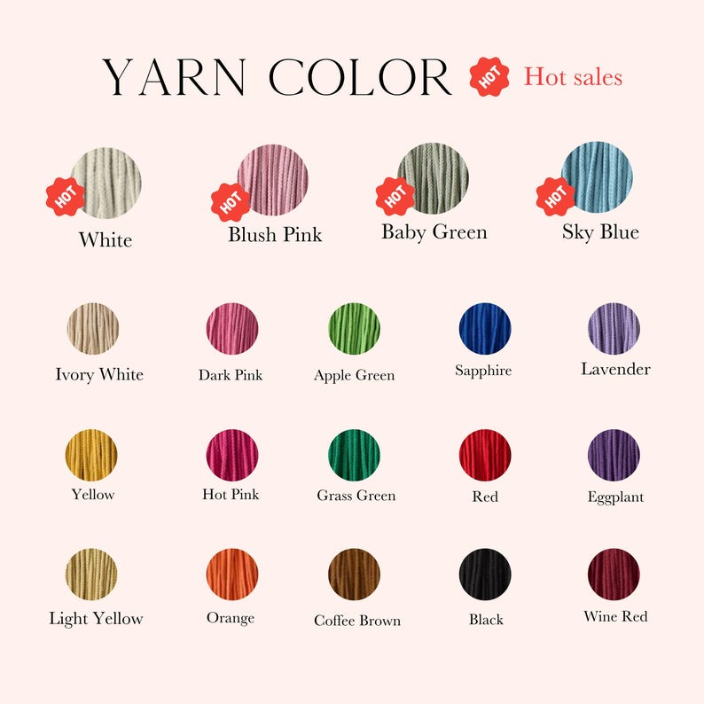 Peut inclure: Un nuancier de fils pr&eacute;sentant diverses couleurs, notamment blanc, rose blush, vert b&eacute;b&eacute; et bleu ciel. D'autres couleurs incluent ivoire, rose fonc&eacute;, vert pomme, saphir, lavande, jaune, rose vif, vert herbe, rouge, aubergine, jaune clair, orange, brun caf&eacute;, noir et bordeaux.