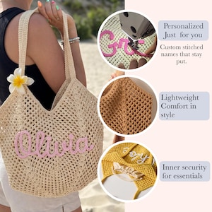 Peut inclure: Un sac fourre-tout en crochet beige avec le nom "Olivia" brod&eacute; en rose. Le sac a un grand motif en maille ajour&eacute;e, une fleur et une bandouli&egrave;re. L'image montre &eacute;galement des gros plans de la couture et de l'int&eacute;rieur du sac.