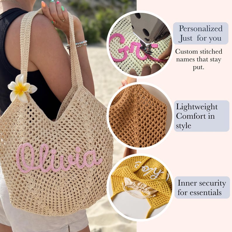 Peut inclure: Un sac fourre-tout en crochet beige avec le nom "Olivia" brod&eacute; en rose. Le sac a un grand motif en maille ajour&eacute;e, une fleur et une bandouli&egrave;re. L'image montre &eacute;galement des gros plans de la couture et de l'int&eacute;rieur du sac.