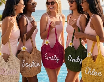 Sac fourre-tout de plage au crochet : sac fourre-tout de plage personnalisé, sacs-cadeaux de demoiselle d'honneur, sac de plage de voyage, cadeaux de mariage, cadeau pour elle