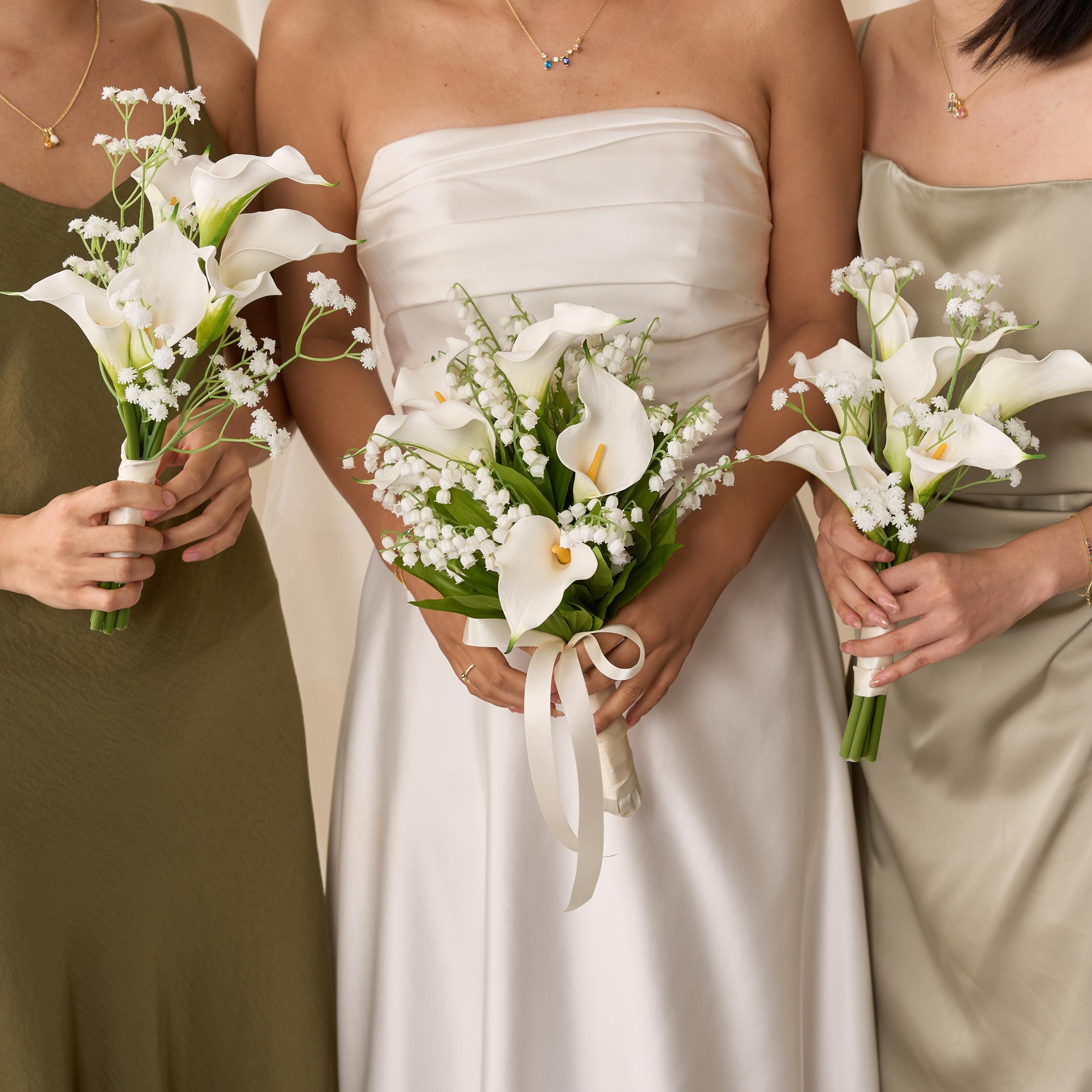bouquets for green bridesmaid dresses 11 inch wide Sage Green & White Cascading Bridal Bouquet main image 0