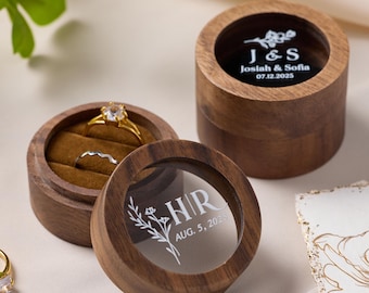 Custom Wooden Round Ring Box|Double Slot Wedding Ring Box|Personalized Engraved Engagement Ring Box|Wedding Favors|Anniversary|Gift For Her|