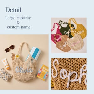 Peut inclure: Sacs de plage tiss&eacute;s de diff&eacute;rentes couleurs, personnalis&eacute;s avec des noms. L'image pr&eacute;sente des accessoires de plage tels que des lunettes de soleil, de la cr&egrave;me solaire et un livre. Le texte de l'image dit "Detail, Large capacity & custom name."
