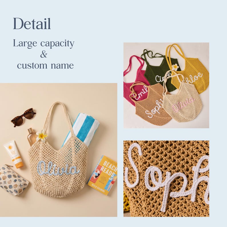 Peut inclure: Sacs de plage tiss&eacute;s de diff&eacute;rentes couleurs, personnalis&eacute;s avec des noms. L'image pr&eacute;sente des accessoires de plage tels que des lunettes de soleil, de la cr&egrave;me solaire et un livre. Le texte de l'image dit "Detail, Large capacity & custom name."