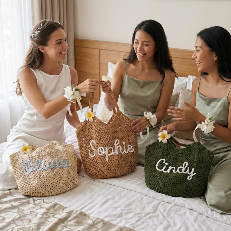 Personalized beach bag: Crochet Custom Name Beach tote Bag,Bridesmaid gift bags,Travel Beach Bag, Wedding favor gifts,Gift for Her image 3