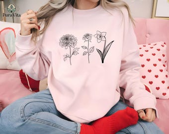 Personalized Birth Flower Sweatshirt, Custom Mom Hoodie, Plant Lover Gift