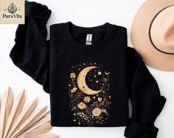 Floral Moon Sweatshirt, Lunar Lover Hoodie, Boho Vintage Style