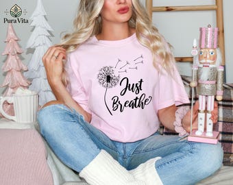 Camiseta de meditación "Just Breathe", diente de león de yoga, flor silvestre bohemia, regalo para amantes del yoga.