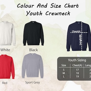May include: A size chart for youth crewneck sweatshirts. The chart shows five different colors: white, black, red, sport grey, and navy blue. The chart also includes measurements for chest and length in inches for sizes S, M, and L.
